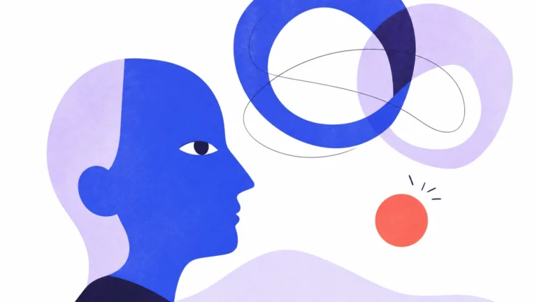 Un profil humain en formes bleues et lavande observe deux boucles de pensée qui se chevauchent et un petit point corail.