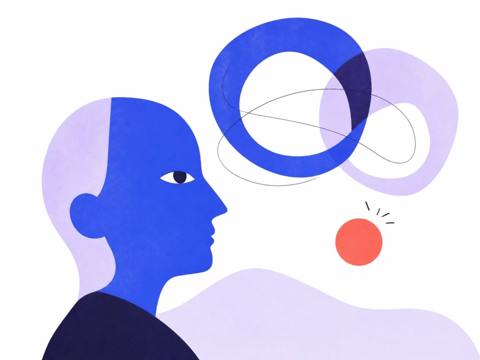Un profil humain en formes bleues et lavande observe deux boucles de pensée qui se chevauchent et un petit point corail.
