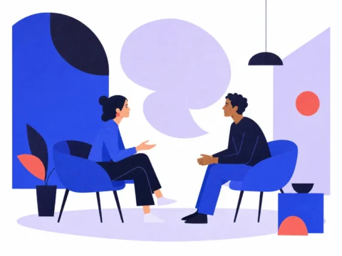 Deux adultes assis dans des fauteuils à la même hauteur conversent, une grande bulle de dialogue lavande entre eux.