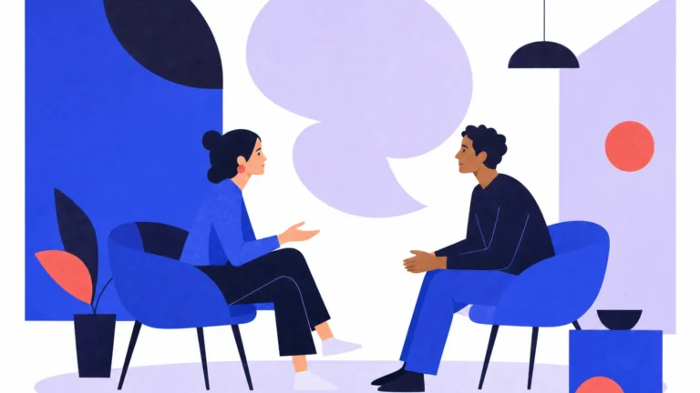 Deux adultes assis dans des fauteuils à la même hauteur conversent, une grande bulle de dialogue lavande entre eux.