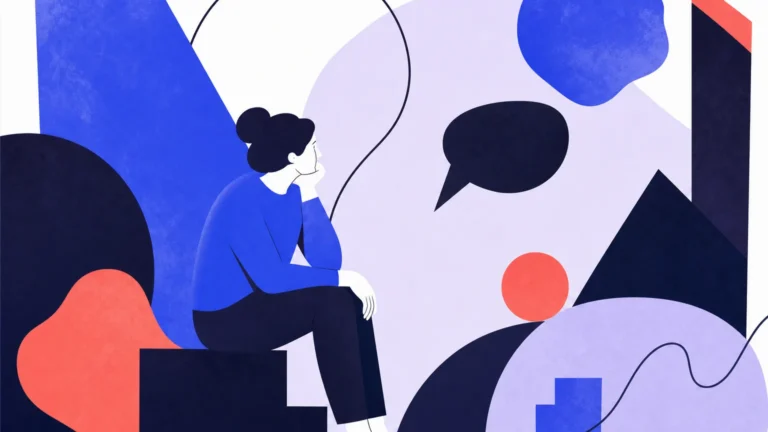 Une personne assise, pensive, entourée de grandes formes abstraites, certaines arrondies, d’autres anguleuses.