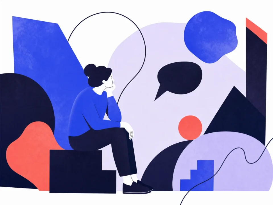 Une personne assise, pensive, entourée de grandes formes abstraites, certaines arrondies, d’autres anguleuses.