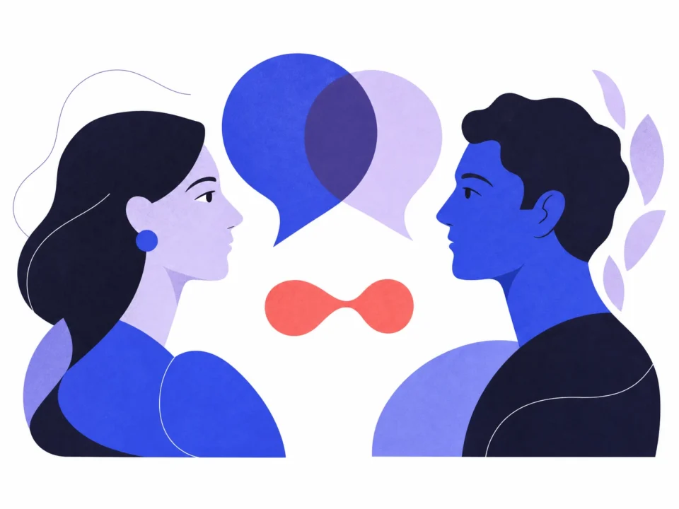 Deux profils se font face, chacun avec sa bulle de dialogue, reliés par une petite forme corail dans l’espace qui les sépare.
